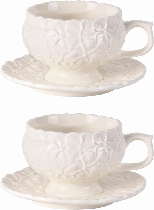 KAMMAK Tea Cups and Saucers Set of 2, Porcelain Coffee Cups, 8.5-Ounce Stackable Espresso Mugs, Ceramic Demitasse for Coffee, Latte, Americano, Tea, White Flower