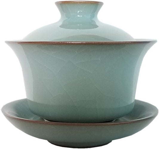 Gaiwan Kung Fu Teacups with Lid 5-Ounce Teacup and Saucer Set Glazed Crack Porcelain Chinese Celadon(Grey Grack)