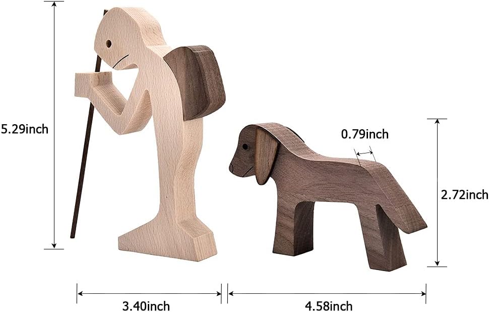 ISHINE Handmade Wooden Statue for Home Decor, Man and Dog Wood Figurine, Wood Decor Accents Craft Figurine for Bedroom Home Office Shelf Decor Gift Natural ECO Friendly