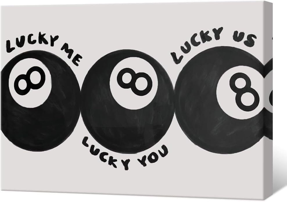 Lucky Me Lucky You Lucky Us Quote Cool Canvas Wall Art Vintage Black 8 Balls Poster Playful Billiards Print Paintings Trendy Aesthetic Pictures Decor for Home Game Room Bar Cart 24x36inch Framed