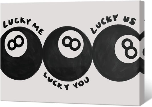 Lucky Me Lucky You Lucky Us Quote Cool Canvas Wall Art Vintage Black 8 Balls Poster Playful Billiards Print Paintings Trendy Aesthetic Pictures Decor for Home Game Room Bar Cart 24x36inch Framed