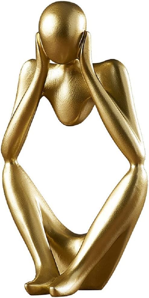 Creative Resin Thinker Minimal Abstract Art Sculpture Statue Figurines Home Office Bookshelf Desktop Decor (Gold, Focus, Small)