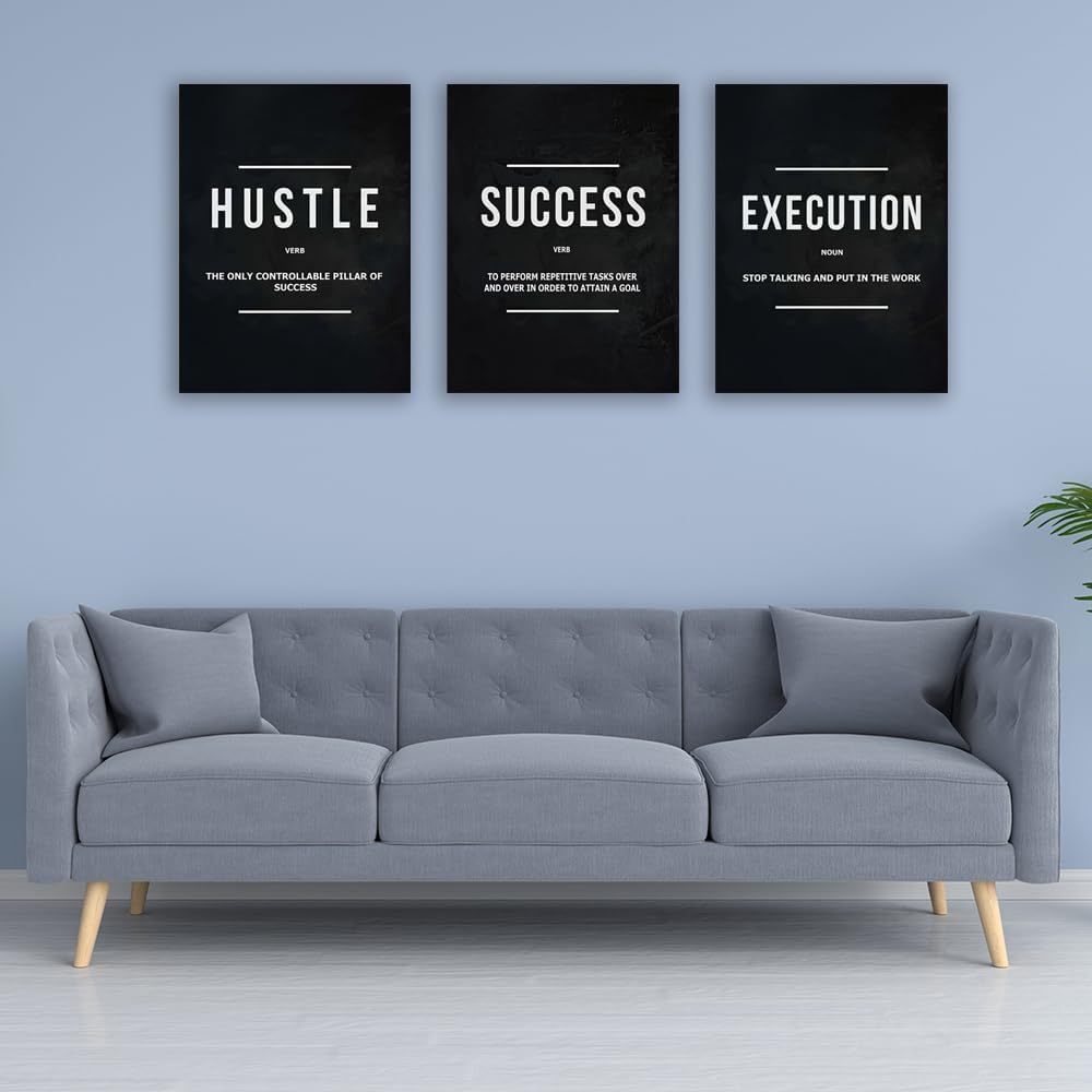 Inspirational Wall Poster Hustle Poster Success Goal Artwork Entrepreneur Quote Painting Motivational Office Wall Decor Art for Bedroom Living Room Home Decoration Framed 20inch x28inch x3pieces