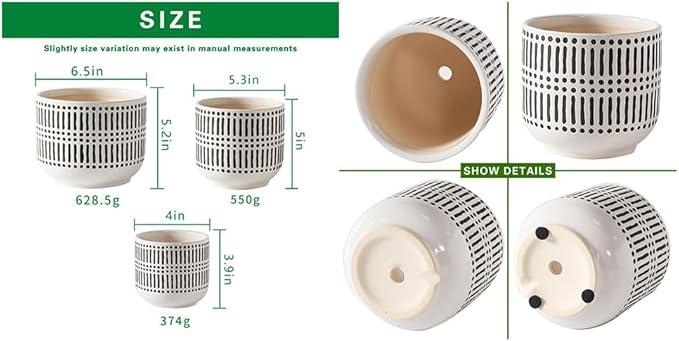 Docrin Plant Pots Ceramic: 6.5+5.3+4 Inch Flower Pots with Drainage Holes for Plants, Modern Flower Pots for Home and Office, Indoor-Outdoor - Set of 3/White and Black