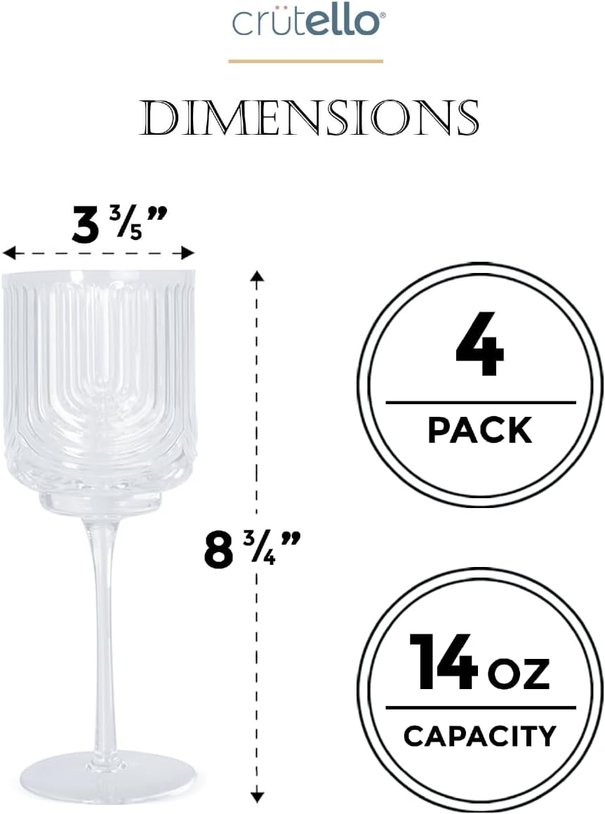 Crutello Vintage Wine Glasses Set of 4-14 oz Glass Sets - Fancy Unique Art Deco Glassware - Long Stemmed Fun Drinking Glasses for Red and White Wine, Cute Cocktail, or Fun Mocktails