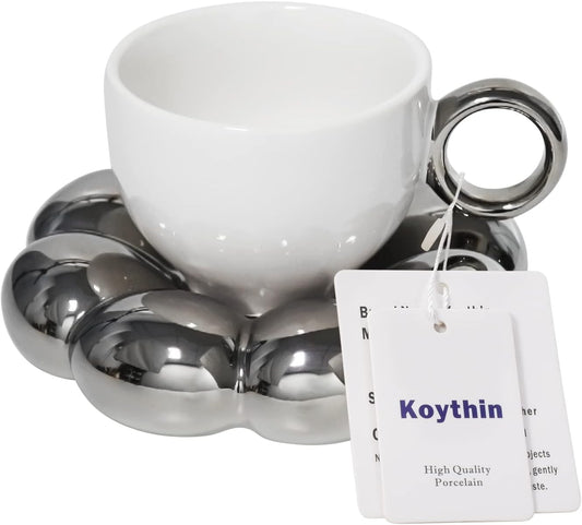 Koythin Ceramic Coffee Mug with Saucer Set, Creative Cute Cup with Sunflower Coaster for Office and Home, 6.5 oz/200 ml for Tea Latte Milk (Electroplating White and Silver)