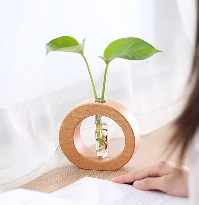 WONQEXZ Tabletop Vase,Modern Boho Planter Propagation Vase,Indoor Plant Pots for Desk Decor,Yellow Wooden Flower Vase,Plant Gift,1.6 * 4.9 * 4.3in,Plants Not Included