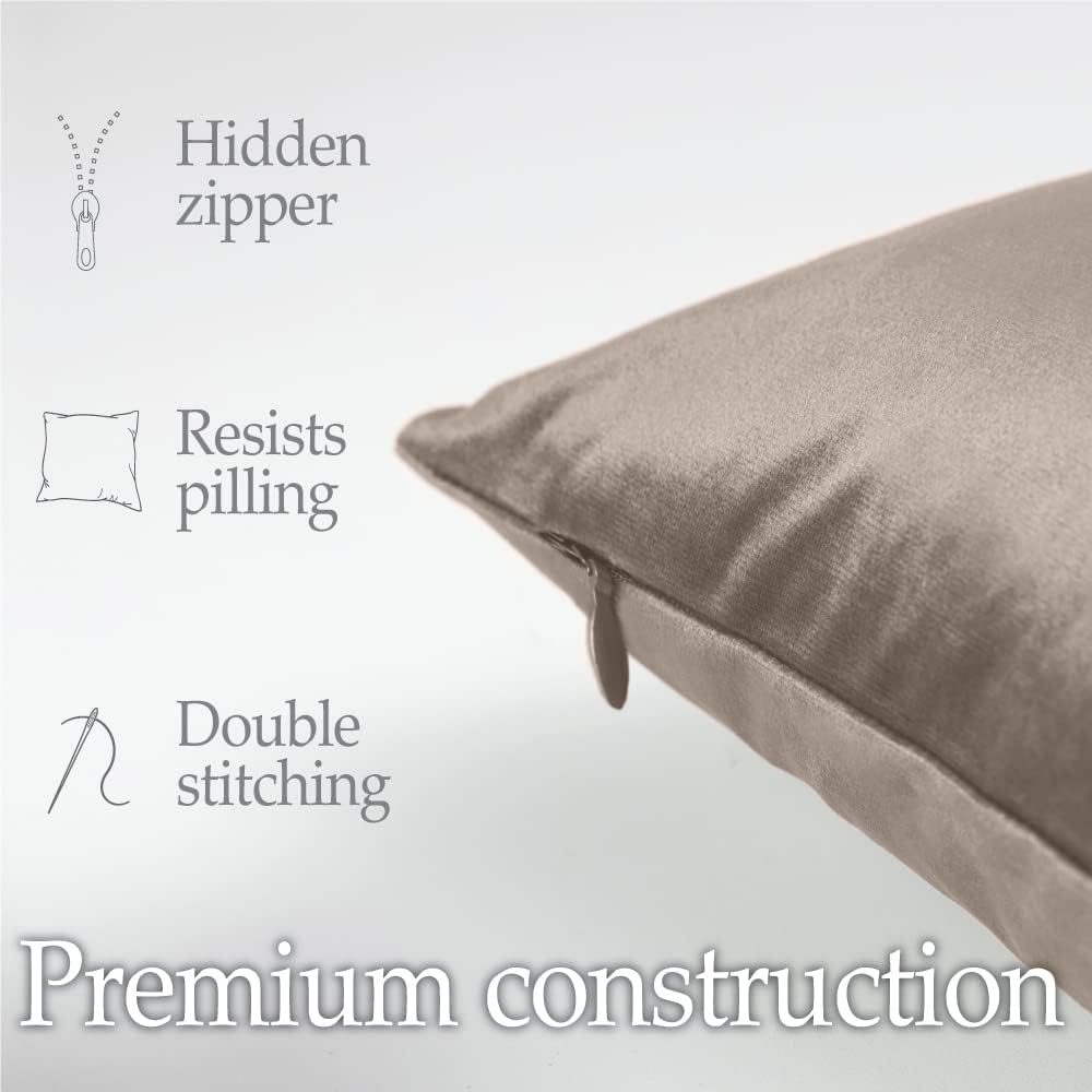 lalaLOOM Velvet Throw Pillow Covers, Set of 2, 24x24 Decorative Square Pillows Home Decor, Soft Accent Cases, Silky Machine Washable Pillowcases for Sofa, Couch, Bedroom, Living Room, Taupe