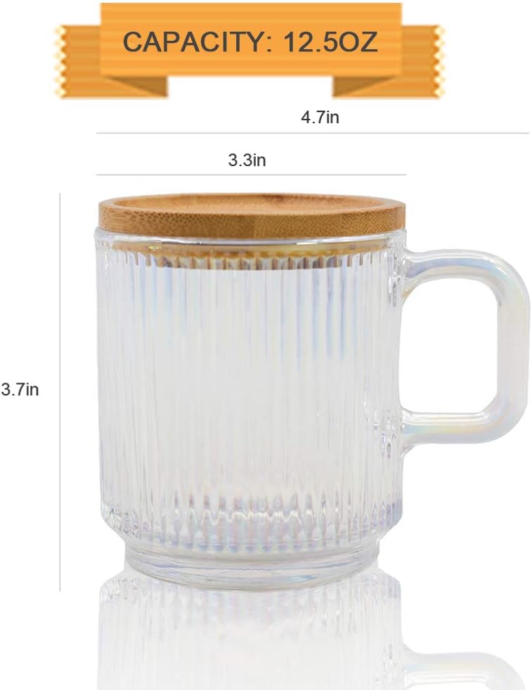 Lysenn Clear Glass Coffee Mug with Lid - Premium Classical Vertical Stripes Glass Tea Cup - for |Latte|Tea|Chocolate|Juice|Water| - Unleaded - Bamboo Lid - 12.5 Ounces