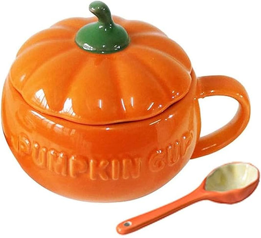 YBK Tech Cute Pumpkin Cup, Ceramic Coffee Mug, Tea Cup with Lid and Spoon (8.5oz)