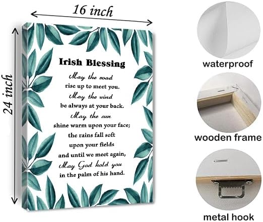 May The Road Rise Up To Meet You，Irish Blessing Canvas Wall Art Christian Green Watercolor Poster Positive Scripture Print Wedding Gift Home Living Room Bedroom Office Decor Framed 16 * 24 Inch