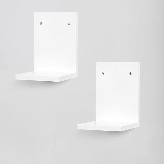 Small Wall Shelf,L-Shaped Small Floating Shelves for Plants Speaker Table Lamp Display,Wooden Ledges Indoor Modern Midcentury Decorative for Gallery Living Room Bedroom Porch,Pine,2 Pack(White)