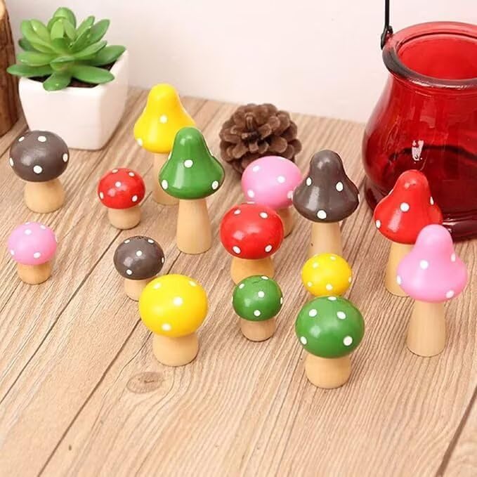 3Pcs Mushroom Decor Wooden Mini Figures Fairy Garden Accessories 2.9in 1.8in 1.2in Cute Miniature Mushrooms Home Decor for Bedroom Office Bonsai Fairy Garden Green