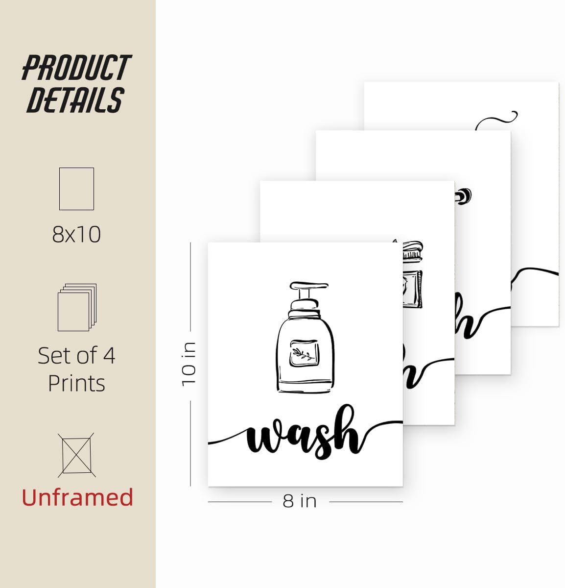 ETVISO Bathroom Wall Decor Set of 4, Minimalist Modern Restroom Wall Decor, Black And White Bathroom Decor, Wash Brush Floss Flush Wall Decor, 8x10 (Unframed)