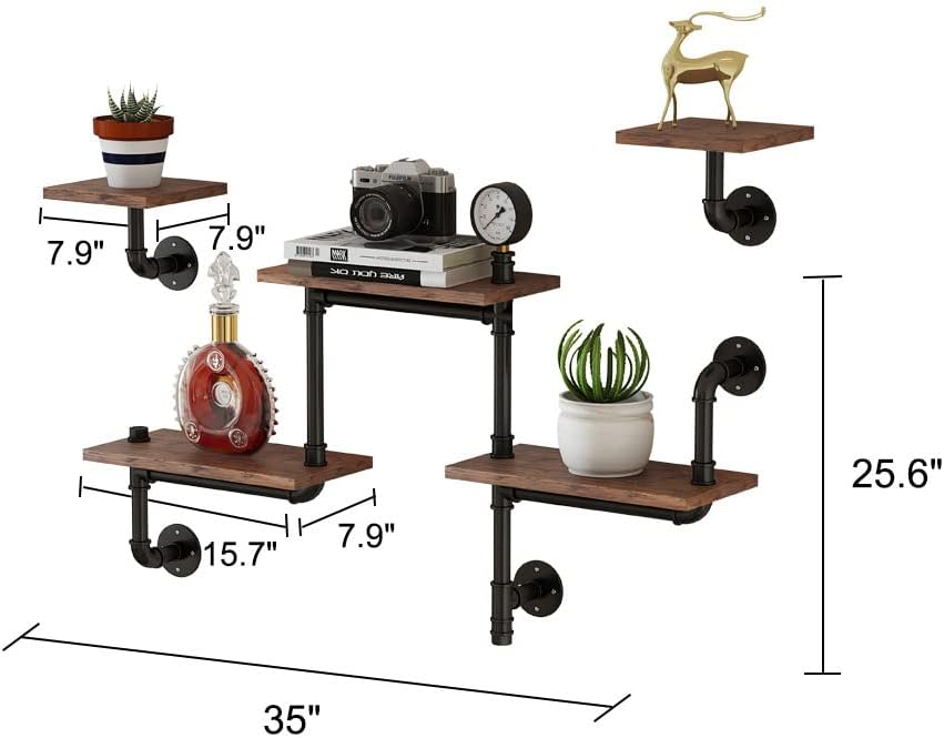 Industrial Pipe Shelving, Rustic Pipe Shelves for Wall Decor, Modern Ladder Shelf with Wood Planks, Floating Shelves Wall Mounted for Home, Living Room, Office(Set of 3 Bookshelf)