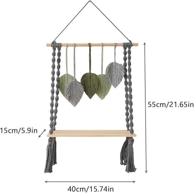 Macrame Wall Hanging Shelf, Bohemian Woven Tapestry Chic Woven Leaf Tassels Home Deco, Boho Handmade Wall Art Floating Shelf for Living Room, Bedroom, Nursery Backdrop, Apartment (Green+Grey)
