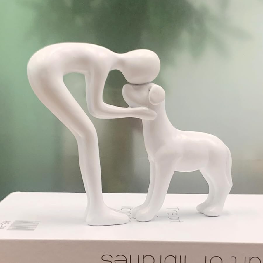 Human and Dog Statue Decoration, Cute Pet Sculpture Home Decor Tabletop Ornament Figurines Office Living Room Bedroom Home, for Dog Lovers Friends Family Decoration, White Color