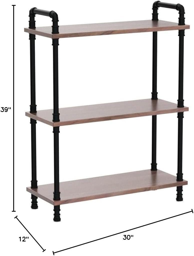 Industrial Bookshelf, 3 Tier Pipe Shelving, Industrial Pipe Shelf - Weathered Brown, 29.5" L x 11.8" W x 39" H