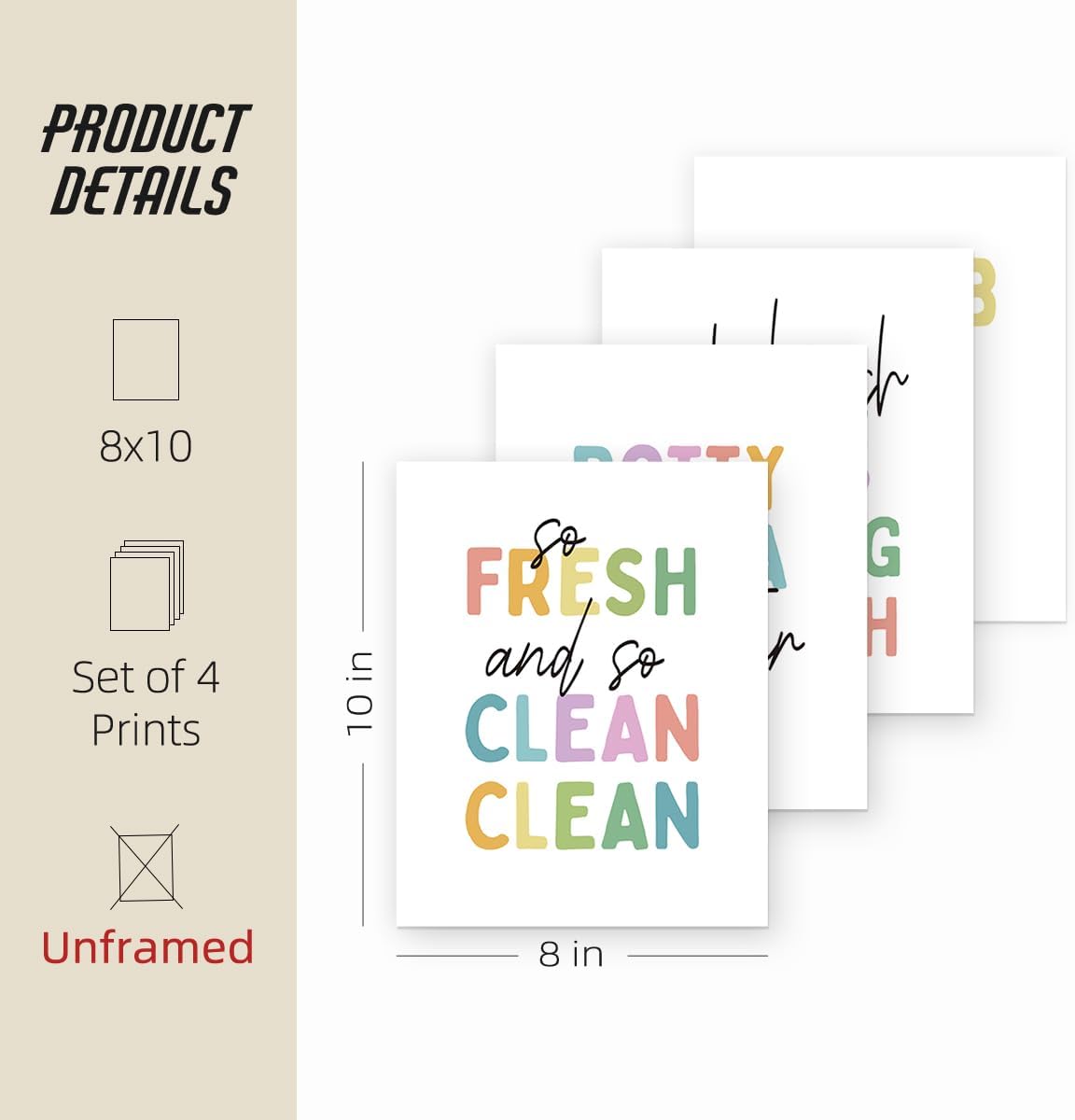 ETVISO Kids Bathroom Decor Set of 4, Toddler Bathroom Wall Decor Prints, So Fresh and Clean, 8x10 (Unframed)