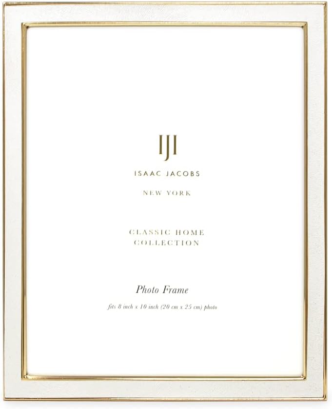 Isaac Jacobs 8x10 White Textured Leather (Vertical & Horizontal) & Gold Metal Picture Frame, with Black Fabric Easel, Wall-Mountable, Made for Tabletop, Home or Office (8x10, White W/ Gold)