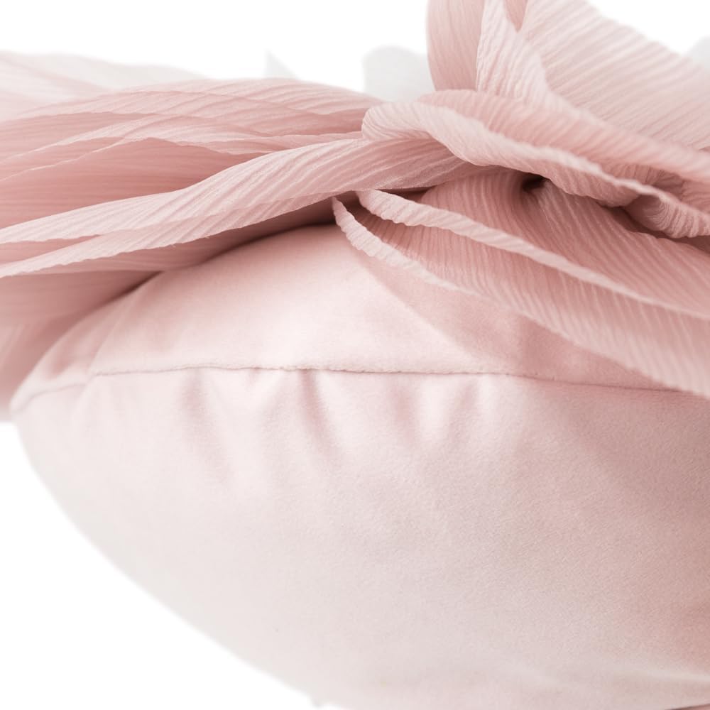 Handmade 3D Blush Pink Flower Pillow Cute Decorative Round Velvet Throw Pillows Modern Boho Farmhouse Accent Cushion for Bed Couch Car Bedroom Living Room Home Decor Gift 12 Inch Rose Gold