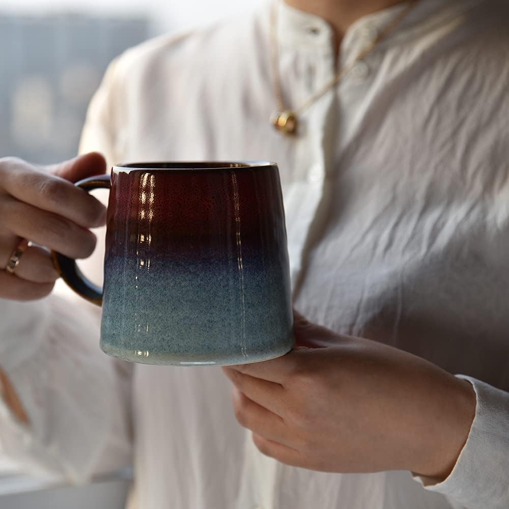 Large Ceramic Coffee Mug, Pottery Mug,Tea Cup for Office and Home,Handmade Pottery Coffee Mugs,16.5 Oz,Dishwasher and Microwave Safe,kiln altered glaze craft (Red)