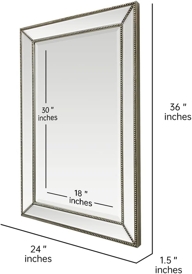 Metro Beaded Mirror Wooden Frame Bathroom Mirror 24"x36" Large Framed Deco Wall Mirror with Angled Beveled Mirror Frame for Living Room Entryways, Washrooms