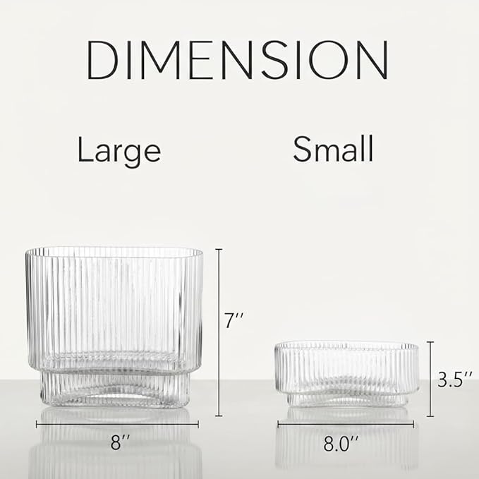 Short Glass Vases, Set of 2 Clear Glass Vases for Tulips, Ribbed Vase for Flowers, Modern Small Vase for Living Room, Dining Room, Bathroom, Desk, Shelf, Wedding, Office