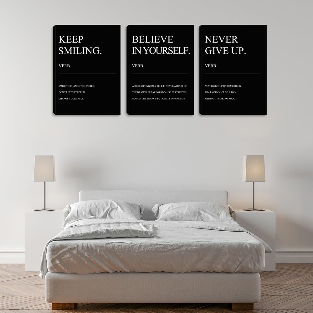 Black Office Wall Decor Poster Positive Motivational Prints 3 Pieces Framed Canvas Wall Art Positive Quote Inspirational Wall Art Painting Picture Wall Decor Art for Bedroom Living Room (48"Wx24"H)