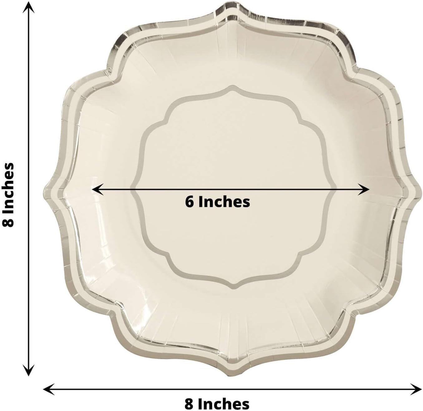 Efavormart 25 Pack | White/Silver 8" Scallop Rim Dessert Party Paper Plates, Disposable Appetizer Salad Plates - 300 GSM