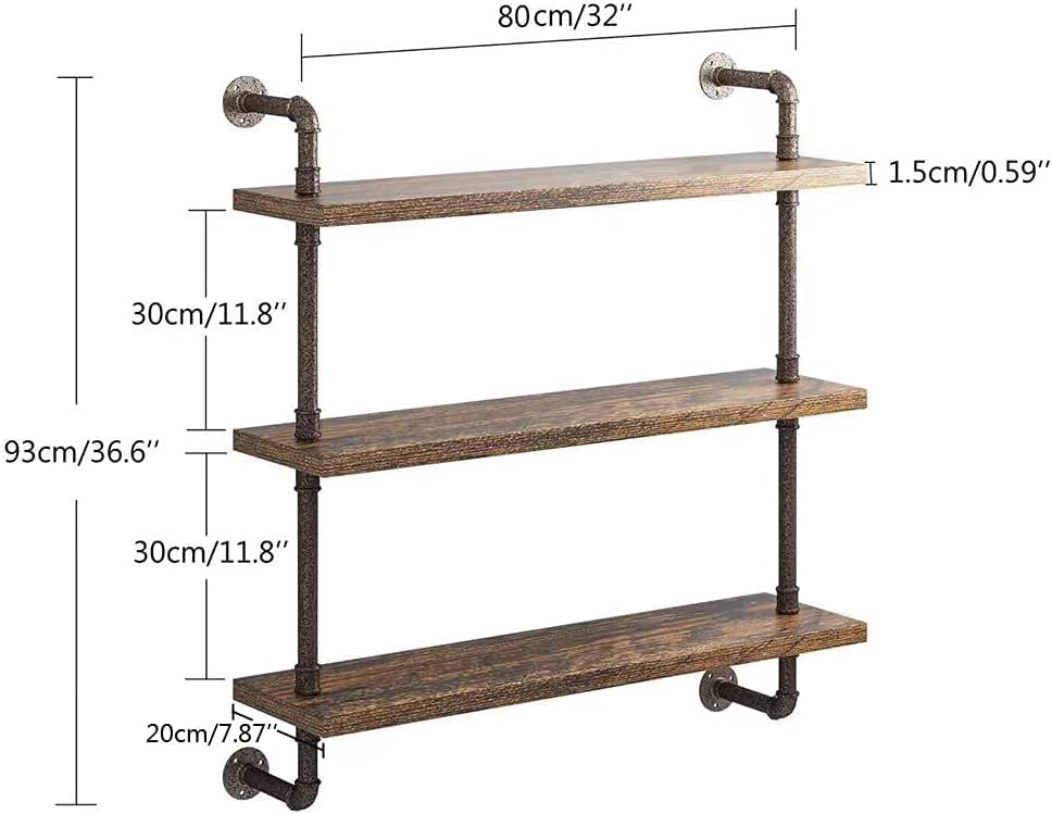 Helsin 3 Tier Industrial Pipe Shelf Rustic Wood Floating Shelves,Wall Display Bookshelf,Storage Rack Sundries Holder for Kitchen Office Bathroom Organization and Home Decor (32inch)