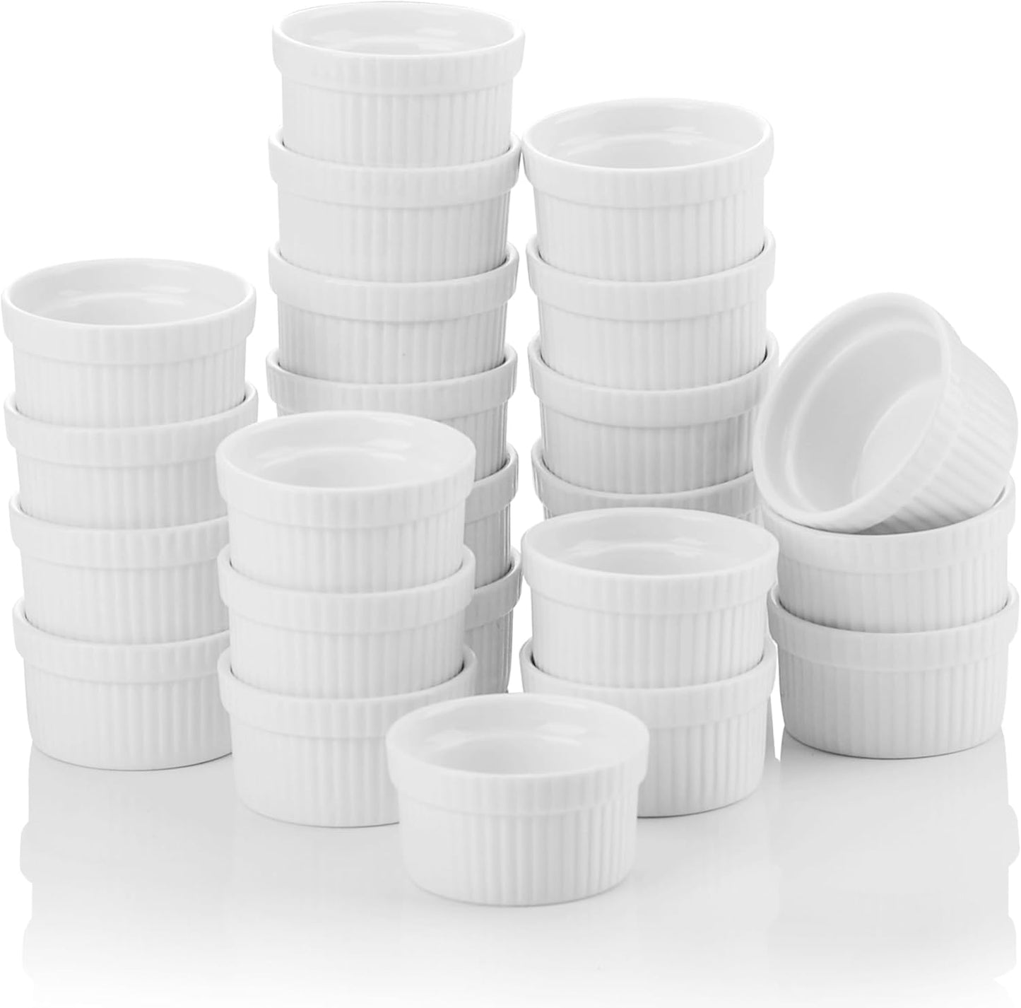 MALACASA Mini Ramekins 1.5 oz set of 24, Ramiken, Ceramic Creme Brulee Ramekins, White Custard Cups, Small Dipping Bowls for Kitchen Serving Sauce Condiments, Dishwasher Oven Safe, Series RAMEKIN.DISH