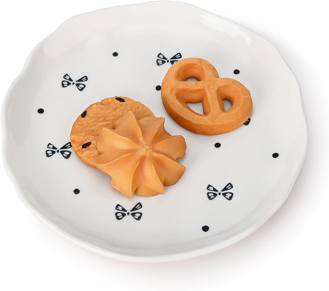 Koythin Ceramic Dessert Plates, Cute Fruits Dinner Plate, Creative Plates Design, Printed Flowers Dinnerware for Office and Home, Kitchen Plates for Desserts (Black Small Bow)