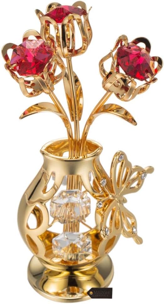 Matashi 24K Gold Plated Crystal Studded Flower Ornament in a Vase w Decorative Butterfly (Red Crystals) – Stunning Home Decor Showpiece, Gift for Mom, Wife, Grandma – Ideal for Mother’s Day, Christmas