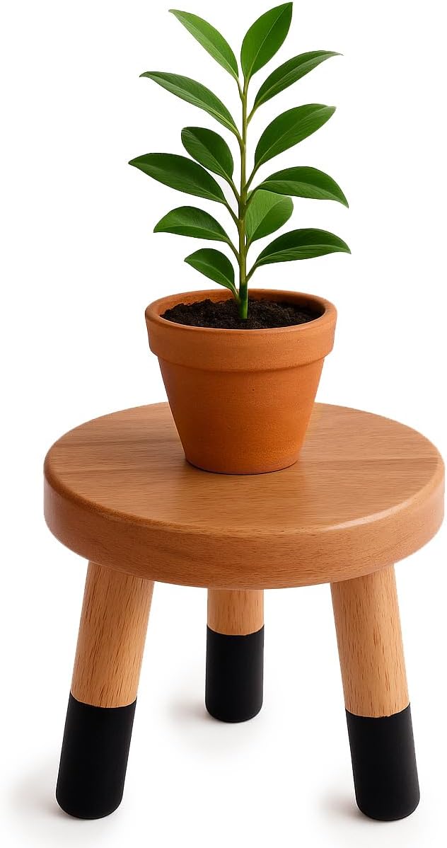 Rubber Wood 9" Round Plant Stand |Dip Dyed Black Stool, Wood Riser |Milking Stool (8" H)