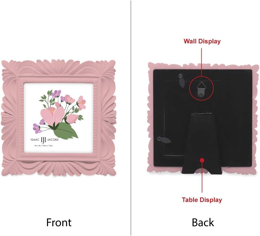 Isaac Jacobs 4x4 Pink Wave Textured Hand-Crafted Resin Picture Frame with Easel & Hook for Tabletop & Wall Display, Decorative Swirl Design Home Décor, Photo Gallery, Art, More (4x4, Pink)