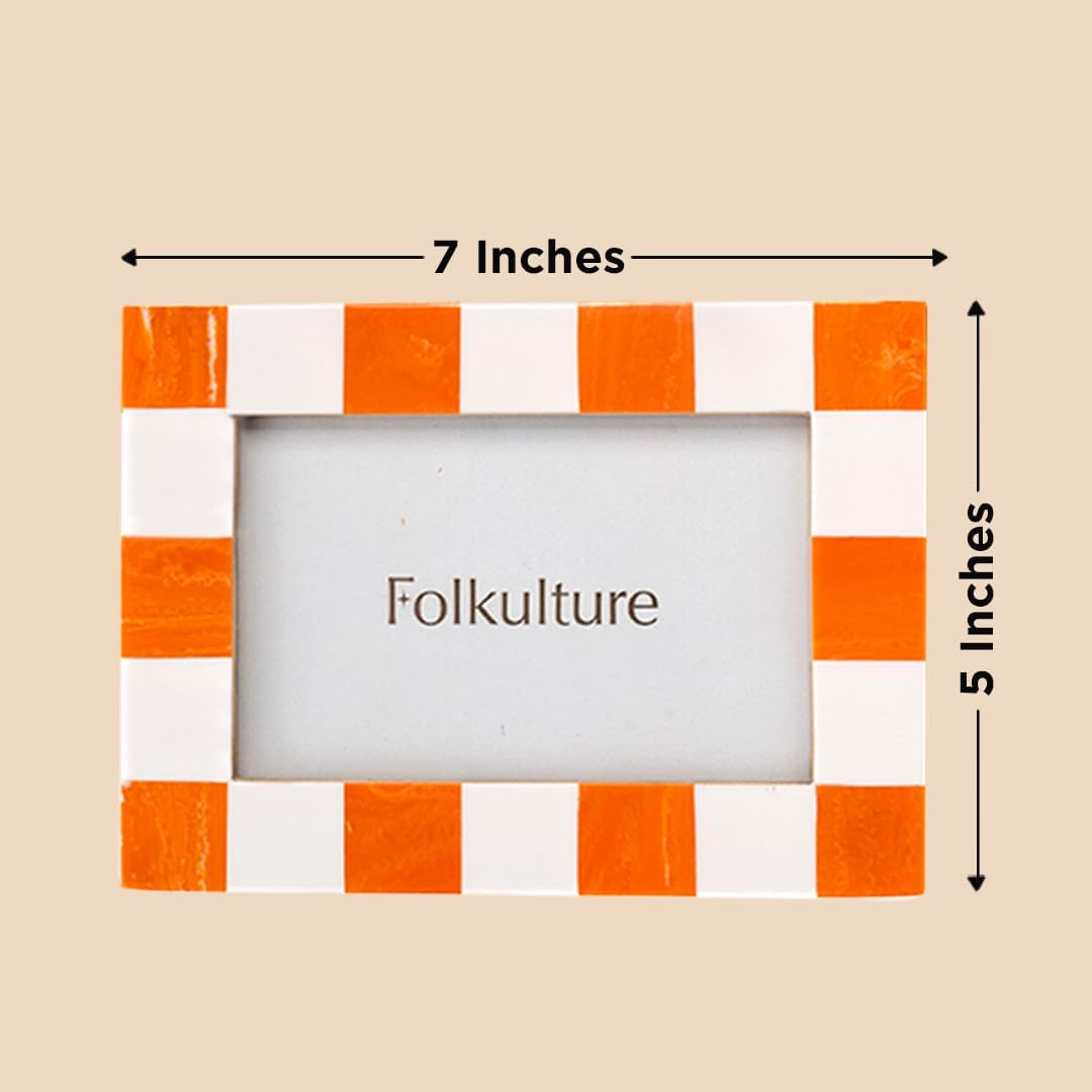 Folkulture Picture Frame | Stylish Marble Resin Unique 5x7 Photo Frame | Modern Wall Decor - Aesthetic Birthday Gift | Fall Orange & White Creative Photo Frame | Boho Living Room Home Decor