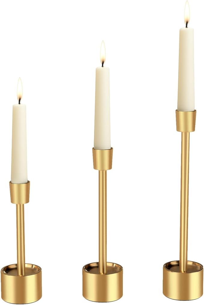 YUMORE 3-Packs Taper Candle Holders - Pillar Candlesticks Solid Stainless Steel Stands for Church, Wedding Centerpieces, Dining Table, Mantel Decor, Fireplace Party, Modern Farmhouse(Gold)