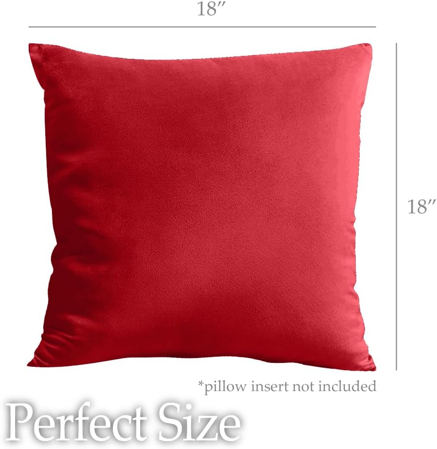 lalaLOOM Velvet Throw Pillow Covers, Set of 2, 18x18 Decorative Square Pillows Home Decor, Soft Accent Cases, Silky Machine Washable Pillowcases for Sofa, Couch, Bedroom, Living Room, Ruby Red