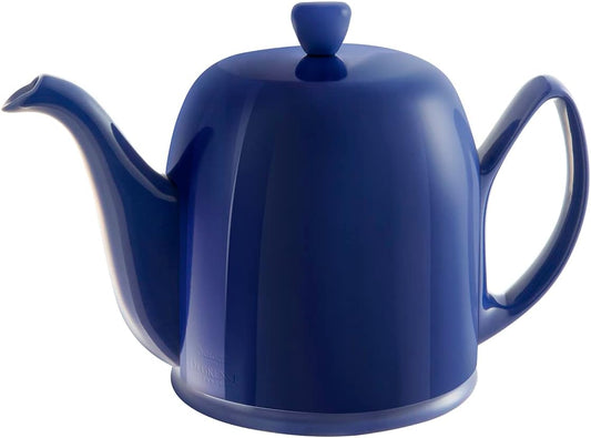 Degrenne Salam Luxury French Tea Pot - Porcelain Teapot with Stainless Steel Cover, Ceramic Tea Kettle for Loose Tea, Removable Infuser, 6 Cup Capacity, 36oz - Monochrome Blue