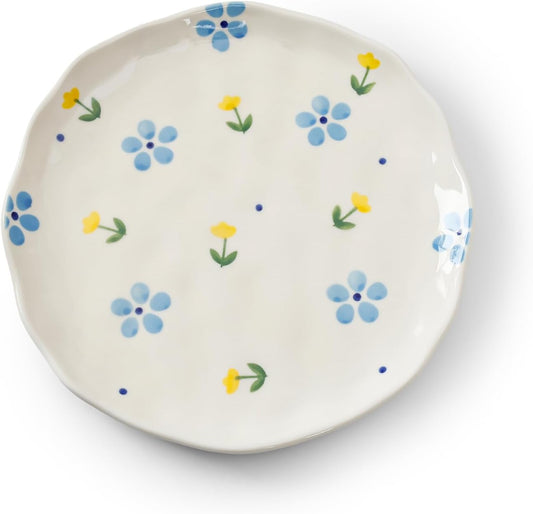 Koythin Ceramic Dessert Plates, Cute Fruits Dinner Plate, Creative Plates Design, Printed Flowers Dinnerware for Office and Home, Kitchen Plates for Desserts (Yellow Tulip Blue Flowers)