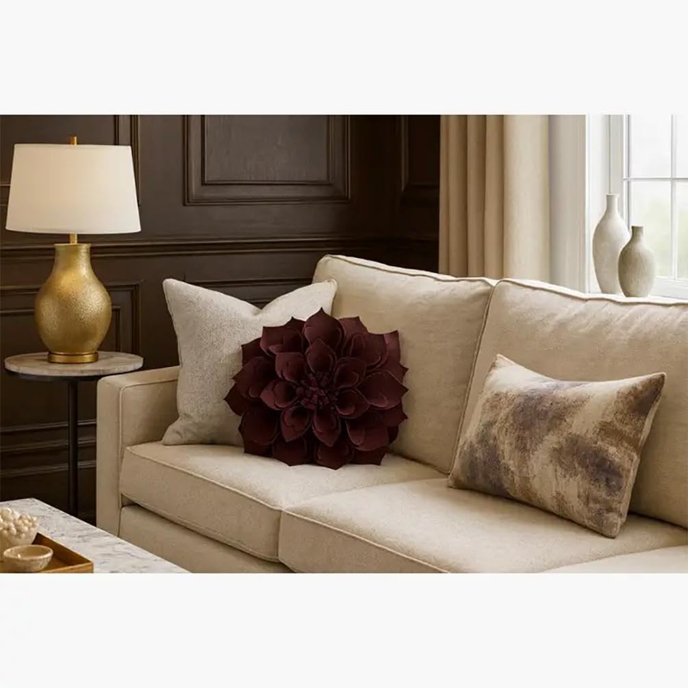 Fennco Styles Handmade 3D Heart-Shaped Petals Flower Decorative Throw Pillow Cover Only - 13" Round Wine Floral Pillow Case for Couch, Home Décor and Holiday, Housewarming Gift