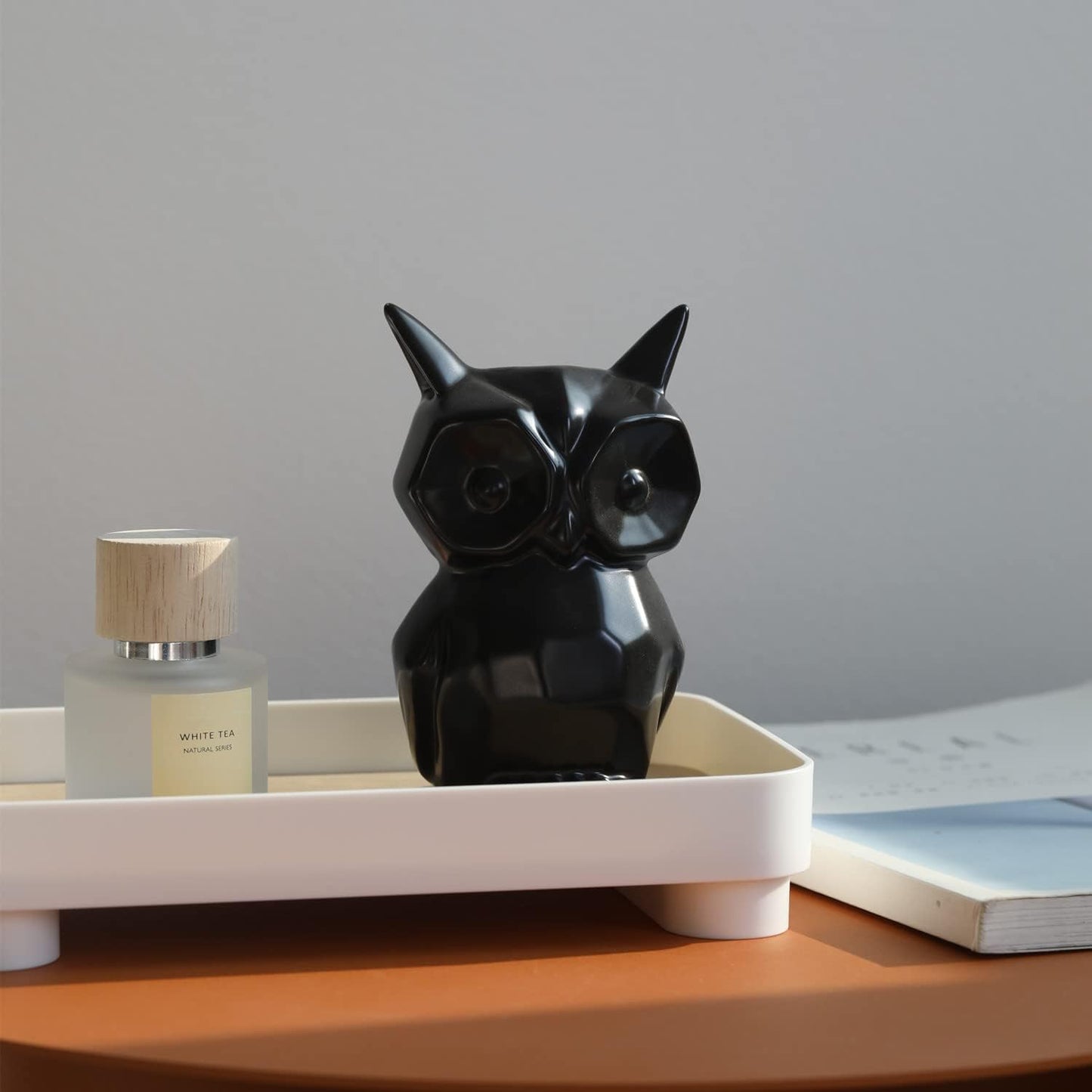 GOODSTART Owl Statue for Home Decor Glazed Ceramic Owl Figurine Modern Bird Figurine Owl Statue for Cabinet Fireplace Mantel Living Room Bedroom Ornaments, Owl Gifts for Owl Lover (Black)