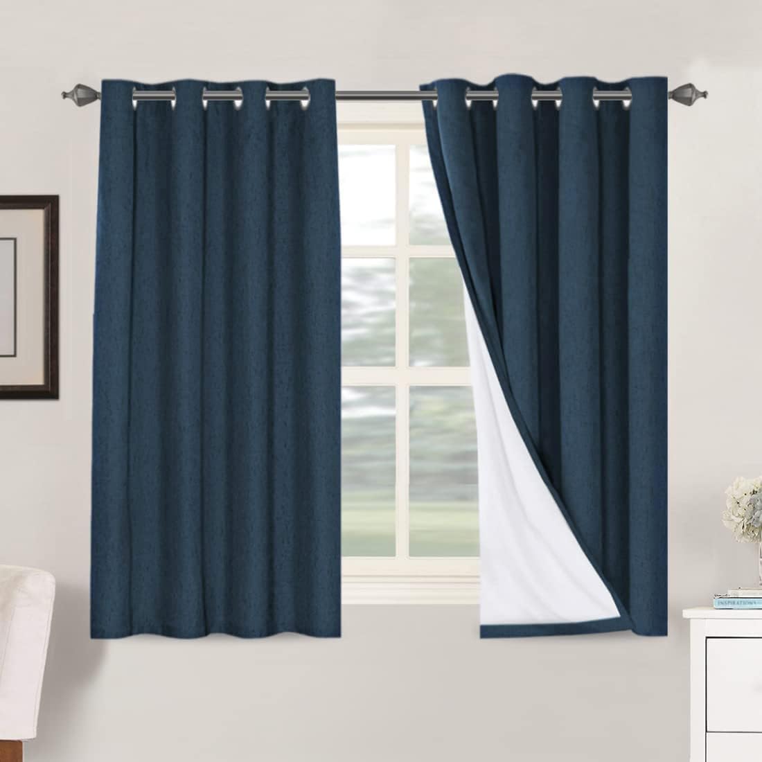 H.VERSAILTEX Linen Blackout Curtains 54 Inches Long 100% Absolutely Blackout Thermal Insulated Textured Linen Look Curtain Draperies Anti-Rust Grommet, Energy Saving with White Liner, 2 Panels, Navy