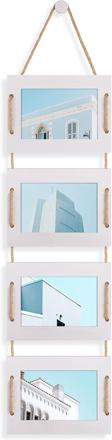 DLQuarts 4x6 Hanging Collage Picture Frames Wall Decor, 4-Opening 4x6 Photo Without Mat Rustic Wood Frame with Hemp Rope, 1 Pack, Vintage White