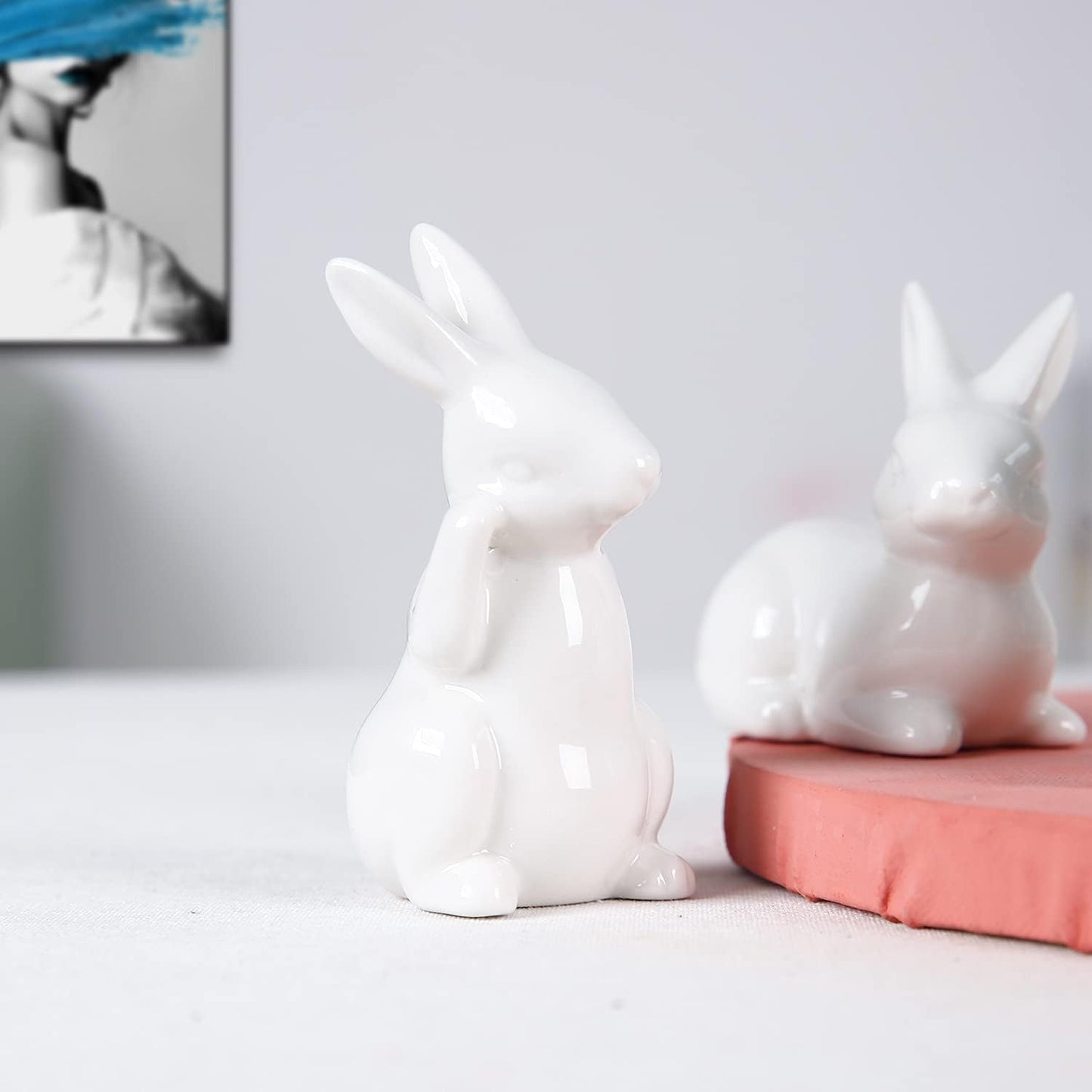 Easter Bunny Figurine Ceramic Bunny Rabbits, Porcelain Modern Art Spring Home Decor, Easter Decorations Rabbit Figurines Decor