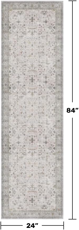 Light Grey 2x7 Boho Bathroom Runner Rug - Modern Vintage Eclectic Floral Pastel Neutral Taupe, Washable Low Pile Non-Slip Runner Rugs for Hallway, Kitchen, Door Mat Indoor Entrance, Bedroom Beside Bed