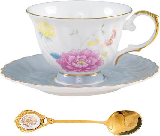Floral Tea Cup and Saucer Set, Vintage Cup with Gold Trim, Bone China Coffee Cup with Saucer and Spoon, Ceramic Food Grade Mug for Women, Tea Party, Gifts Giving, 6.8 oz