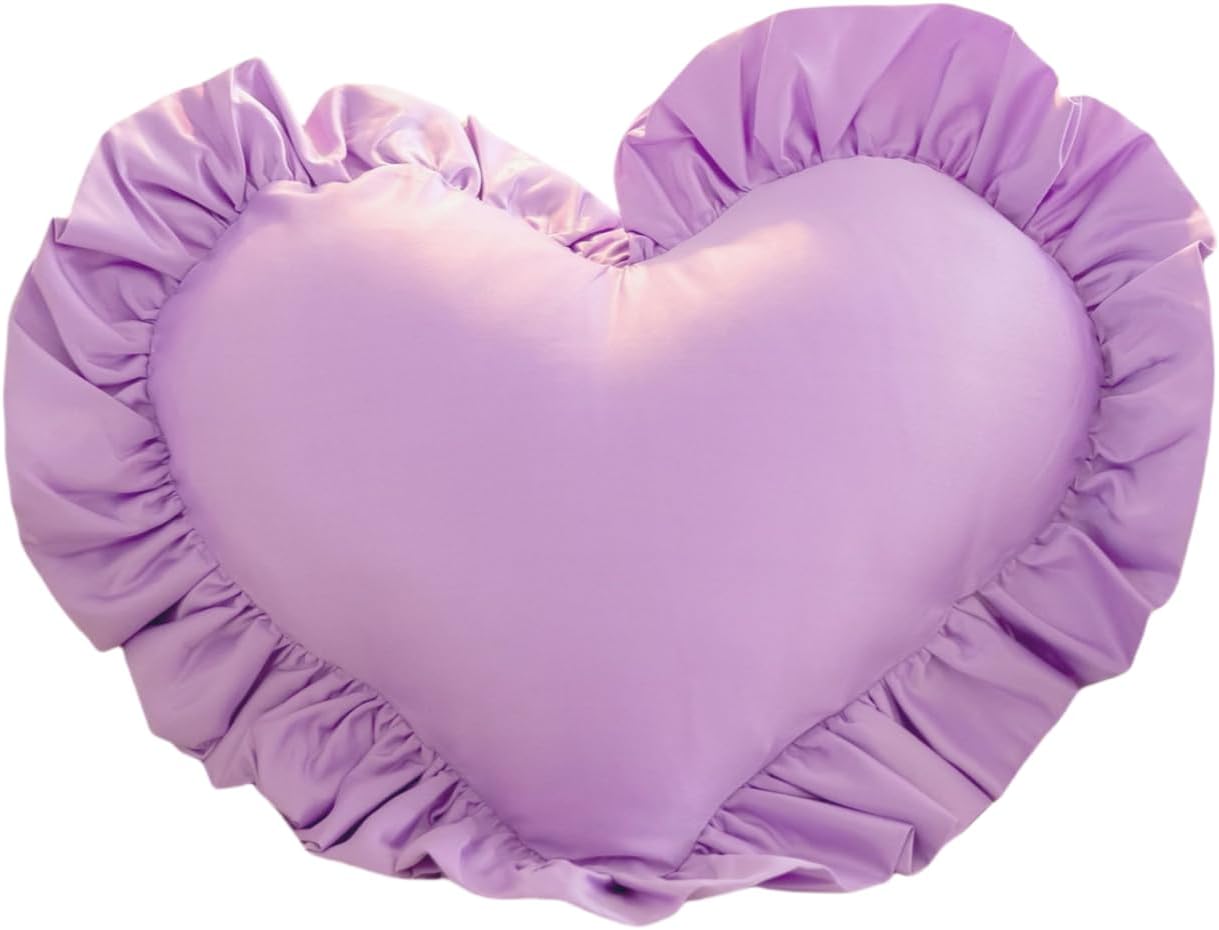 Heart Pillows, Cute Soft Room Decor Ruffled Love Heart Shape Throw Pillows Sofa Cushion Pillow for Living Room Bed Chair Car Floor Home Decoration, Purple