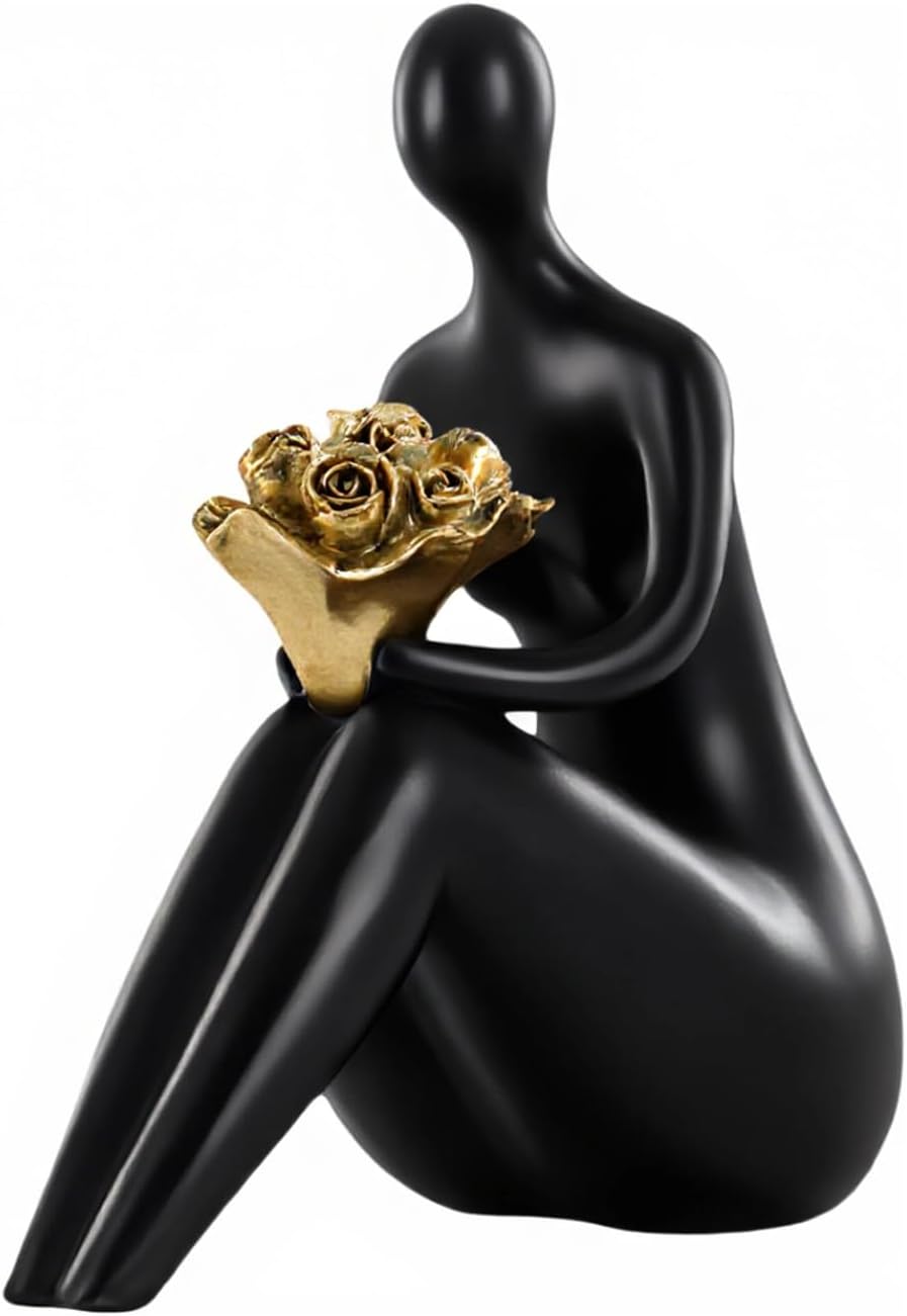 Black Abstract Figure Statue with Golden Flowers, Modern Resin Sculpture, Minimalist Art Figurine for Home or Office Decor, Elegant Gift for Art Enthusiasts